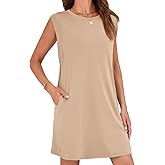 Wenrine Womens Summer Mini Dress Casual Loose Sleeveless Crewneck Slit Basic T Shirt Dresses with Pockets