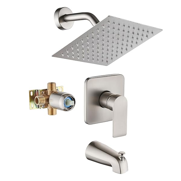 BRUSHED NICKEL TUB SHOWER FAUCET SET COMPLETE WITH 8-INCH RAINFALL SHOWER HEAD AND TUB SPOUT INCLUDED SHOWER VALVE TUB SHOWER TRIM KIT BRUSHED NICKEL
