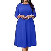 Runwind Women's Plus Size Midi Dress Classy High Waist Wedding Guest Dress Casual Crew Neck 3/4 Sleeve A-Line Swing Dresses