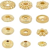Beebeecraft 1 Box 120Pcs Golden Spacer Beads 18K Gold Plated Brass 12 Styles Disc Spacers Flat Round Donut Bicone Flower Loose Beads for Bracelet Necklace Earring Jewelry Making Supplies
