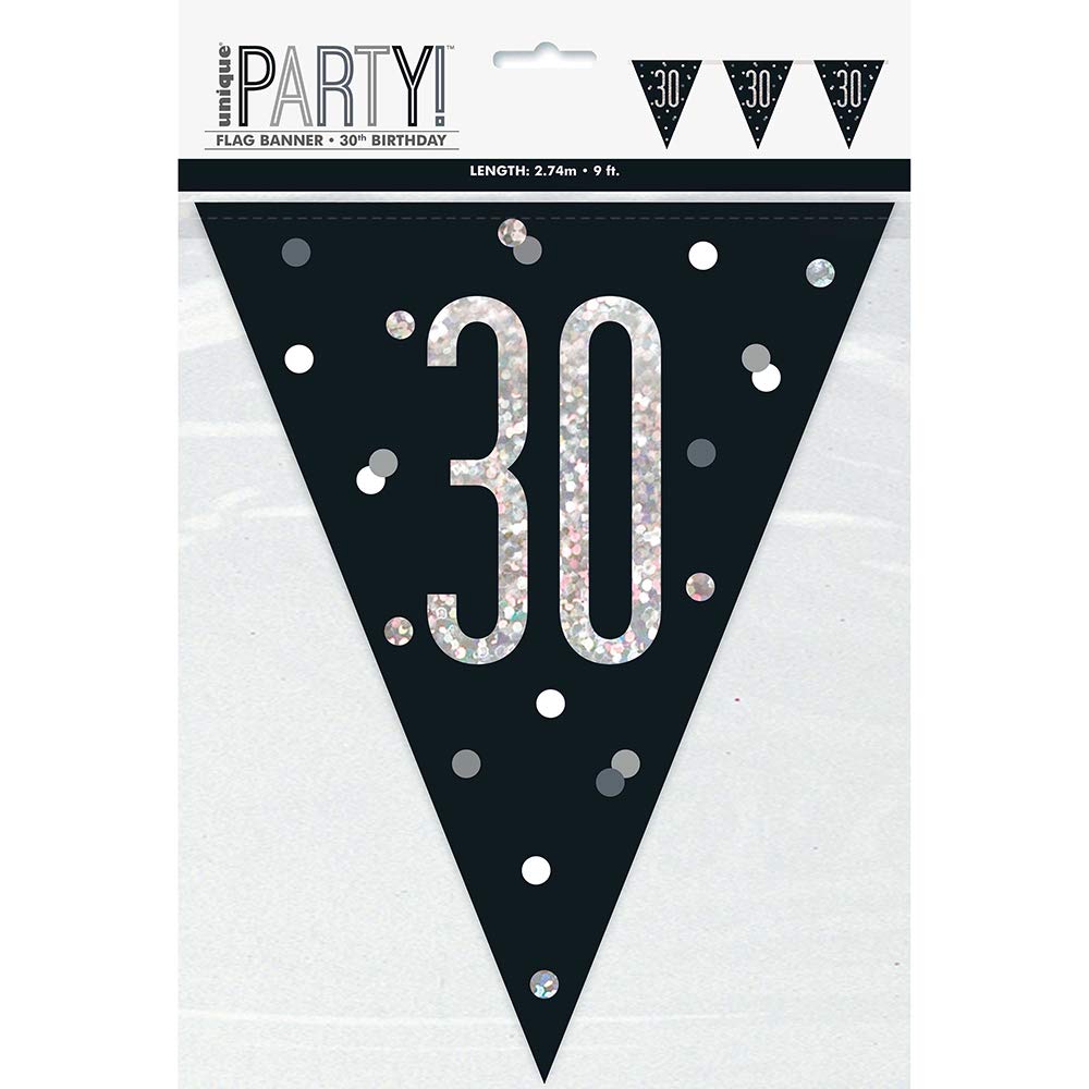 Unique Party 83426-9ft Glitz Black & Silver 30th Birthday Bunting Banner