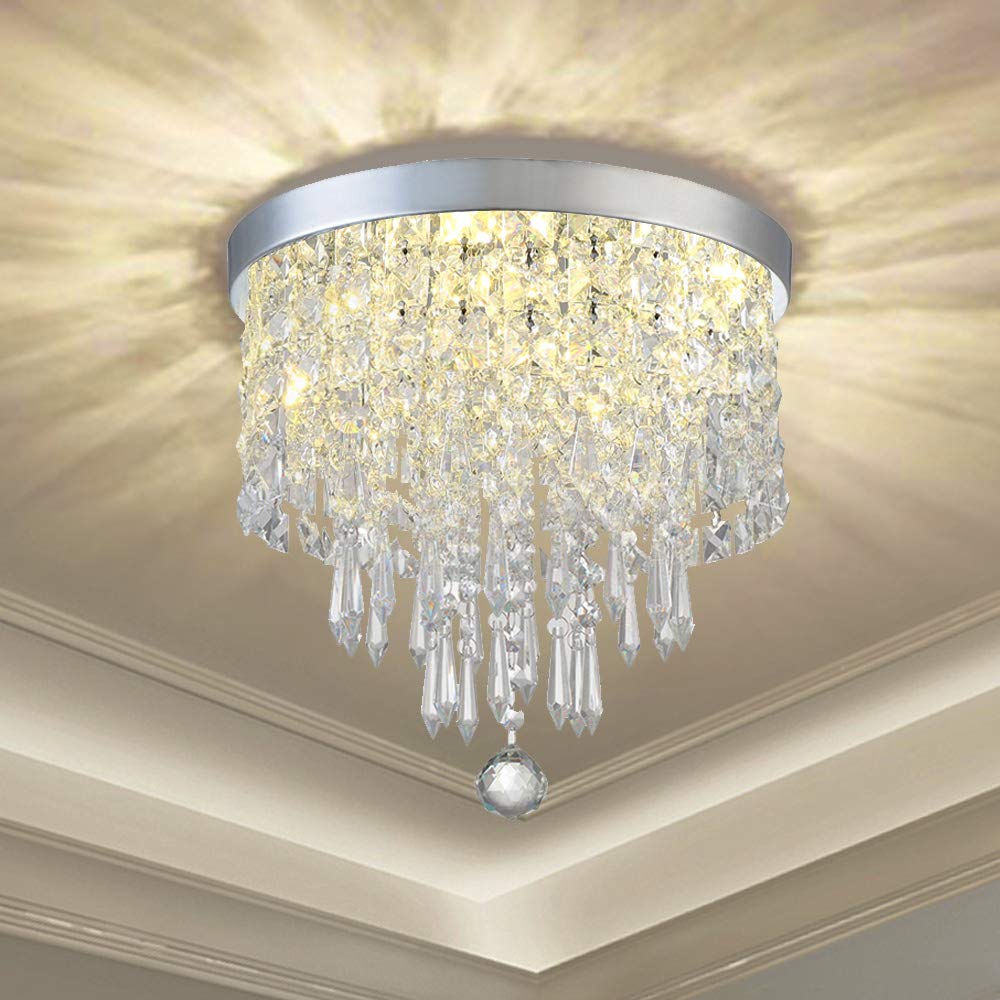 Modern Elegant Crystal Chandelier Lighting,K9 Ceiling Chandeliers Lights, φ250mm, Beaded Light Shade with Clear Acrylic Jewel Droplets,Flush Mount LED Ceiling Light for Dining Room Bedroom Livingroom