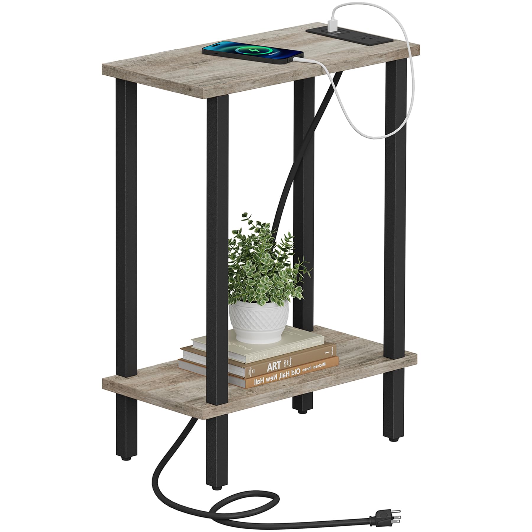 Photo 1 of TUTOTAK Small End Table with Charging Station, Narrow Side Table with USB Ports and Outlets, Skinny Sofa Table, Slim Nightstand, Couch Table, Living Room, Bed Room, Greige TB01BG060