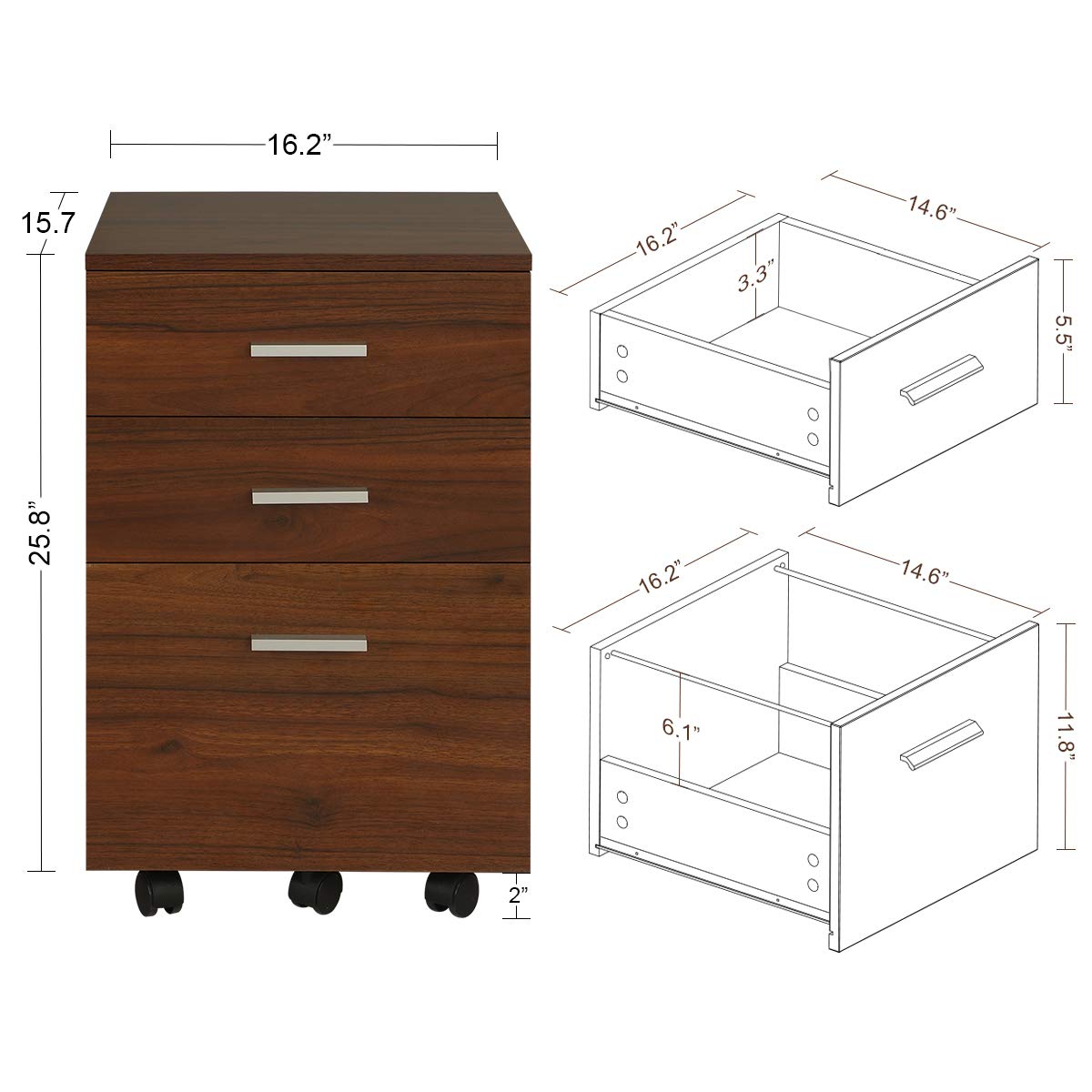 Walnut Devaise 3 Drawer Wood Mobile Filing Cabinet Small File Cabinets For Home Office Letter Size A4 Office Furniture Accessories Mobile File Cabinets