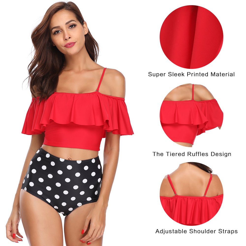 MarinaVida Women Off Shoulder Ruffle Swimsuit Crop Top Two Piece Bathing Suit