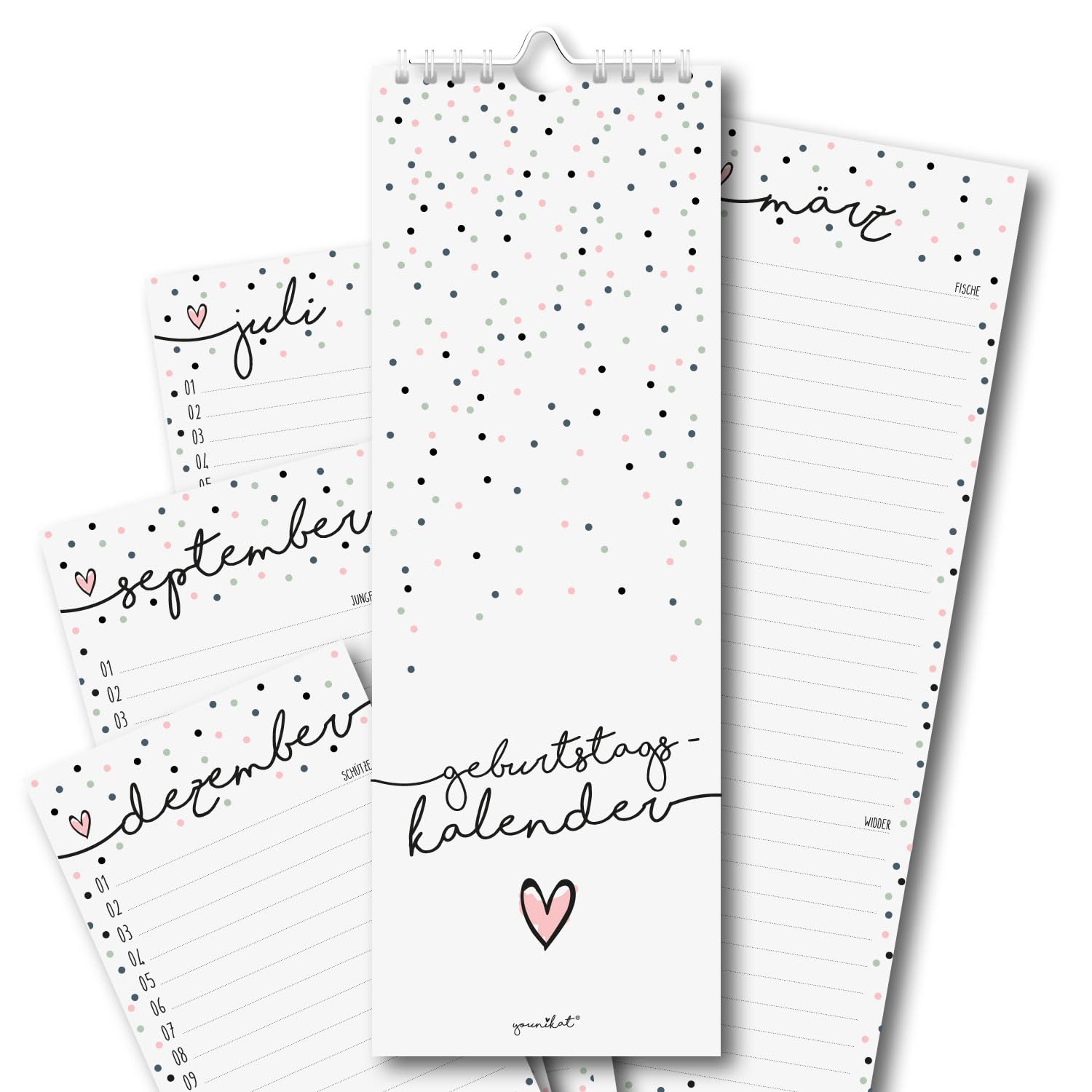 younikat dv_665 Birthday Calendar with Confetti Motif, Spiral-Bound, Year-Independent, Perpetual Calendar for Women, Flatshare, Office, The Whole Family, 105 x 297 mm