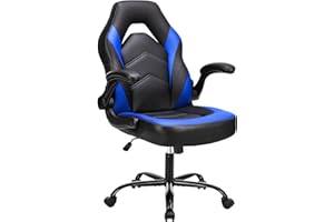 OLIXIS Computer Video Game Chair - Ergonomic Home Office with Comfy Lumbar Support, PU Leather Height Adjustable with Flip-up Armrest and 360° Swivel Wheels, Blue, for Adults, Teens