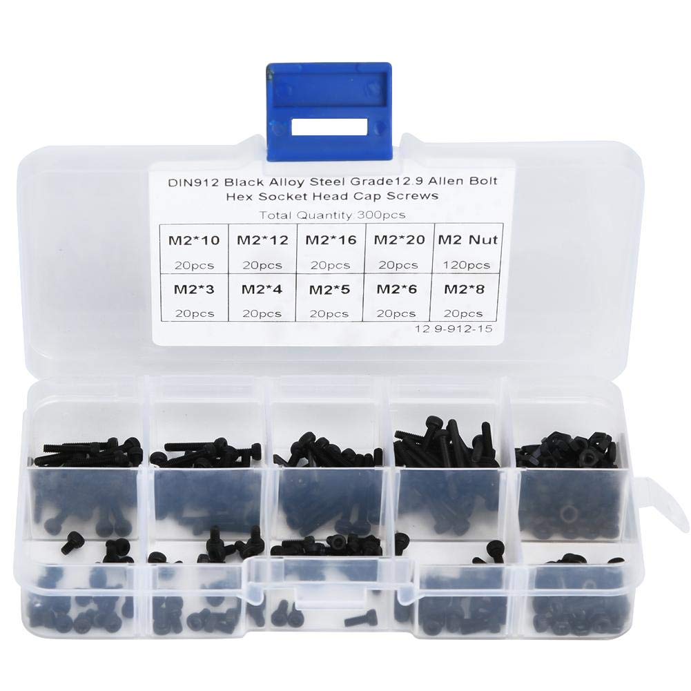 M2 Bolt and Nut Kit, 300pcs Alloy Steel M2 x 3/4/5/6/8/10/12/16/20mm Hex Socket Screw and Nut Kit with Storage Box