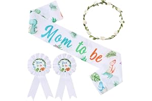 Serencatcher Dinosaur Baby Shower Decorations Pastel, Dino Mom to Be Maternity Sash Mom Dad to Be Button Pin Flower Crown Headband for Dinosaur Hatching Soon Baby Shower Gender Reveal Decorations
