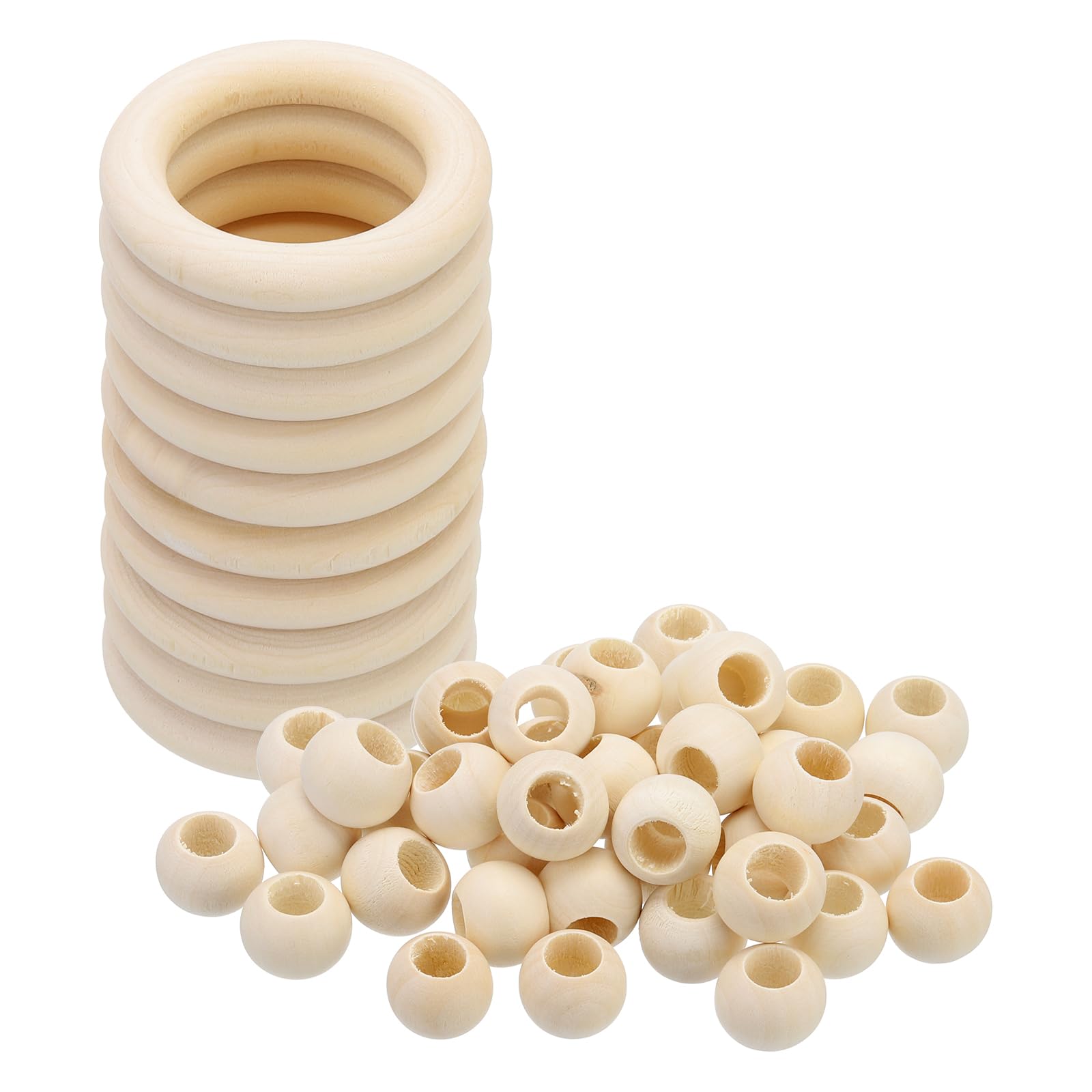PATIKIL Natural Wood Rings and Unfinished Wooden Beads Set, 10Pcs 60mm Wood Hoop & 30Pcs 20mm Wood Color Round Loose Beads for DIY Pendant Connectors Jewelry Making Macrame Wall — image 1