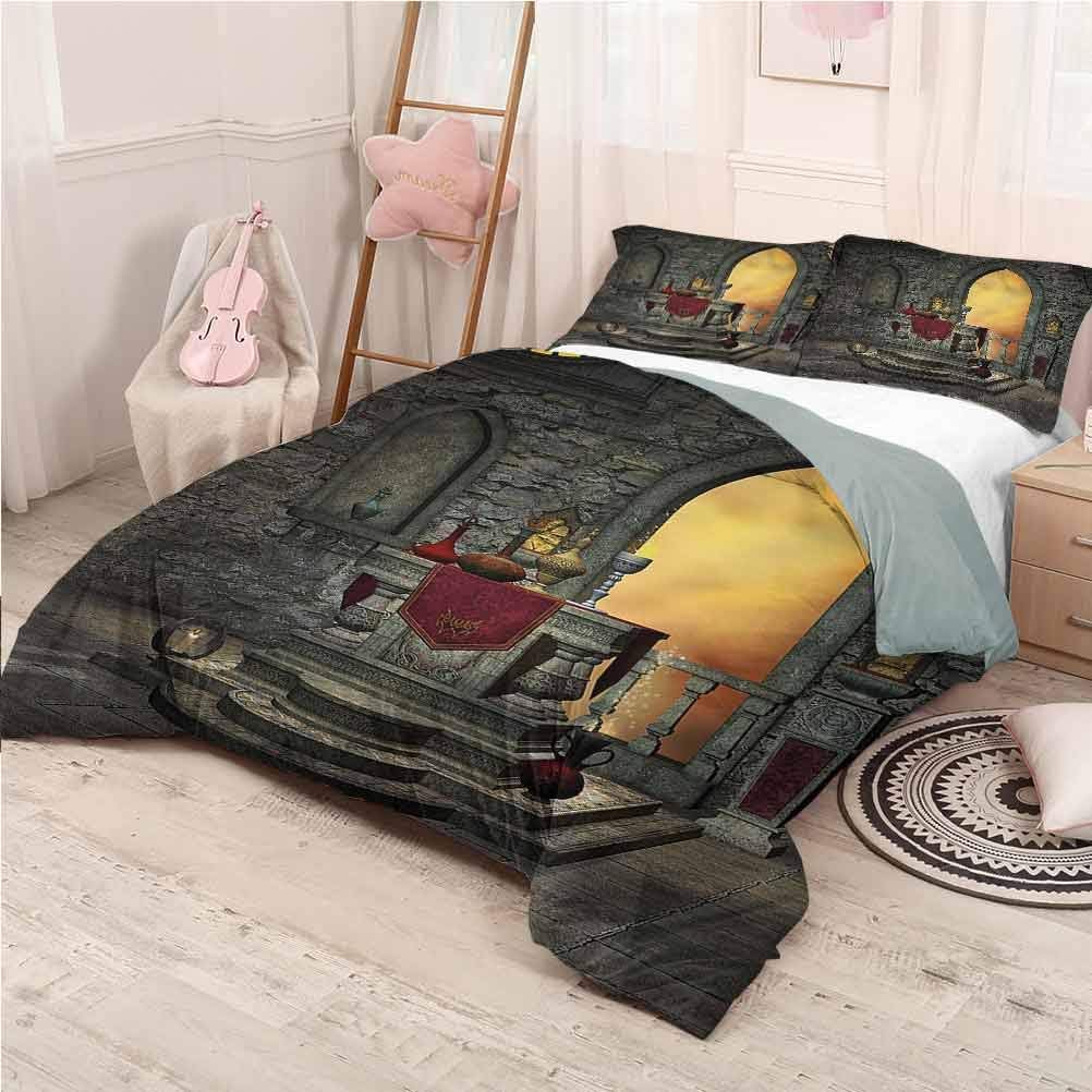 Gothic Bedding Sets Twin, Quilt 3 Piece Bedding Set Ancient Altar Design Lightweight
