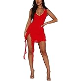 ZREQV Women's Summer Bodycon Dresses Sexy V Neck Backless Y2K Slit Ruffle Trim Fringe Cocktail Party Mini Mesh Tank Dress