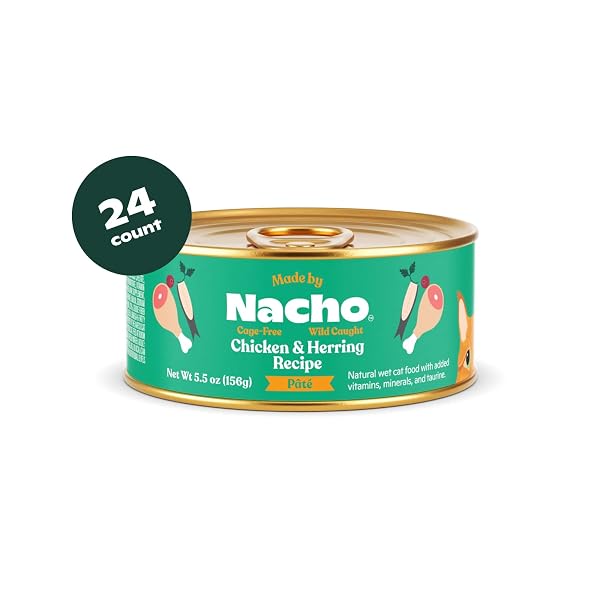 MADE BY NACHO PREMIUM WET CAT FOOD GRAIN-FREE PATE CANS (CHICKEN, SALMON, TURKEY AND KITTEN) (CHICKEN AND HERRING – 24 PACK, 5.5 OUNCE)