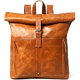 Gratlin Buffalo Leather Roll On Laptop Backpack 16 Inches | Vintage Genuine Leather Rucksack Backpack for Men & Women | Best Full Grain Tan Leather Backpacks Book Bag Knapsack for Travel Hiking Use