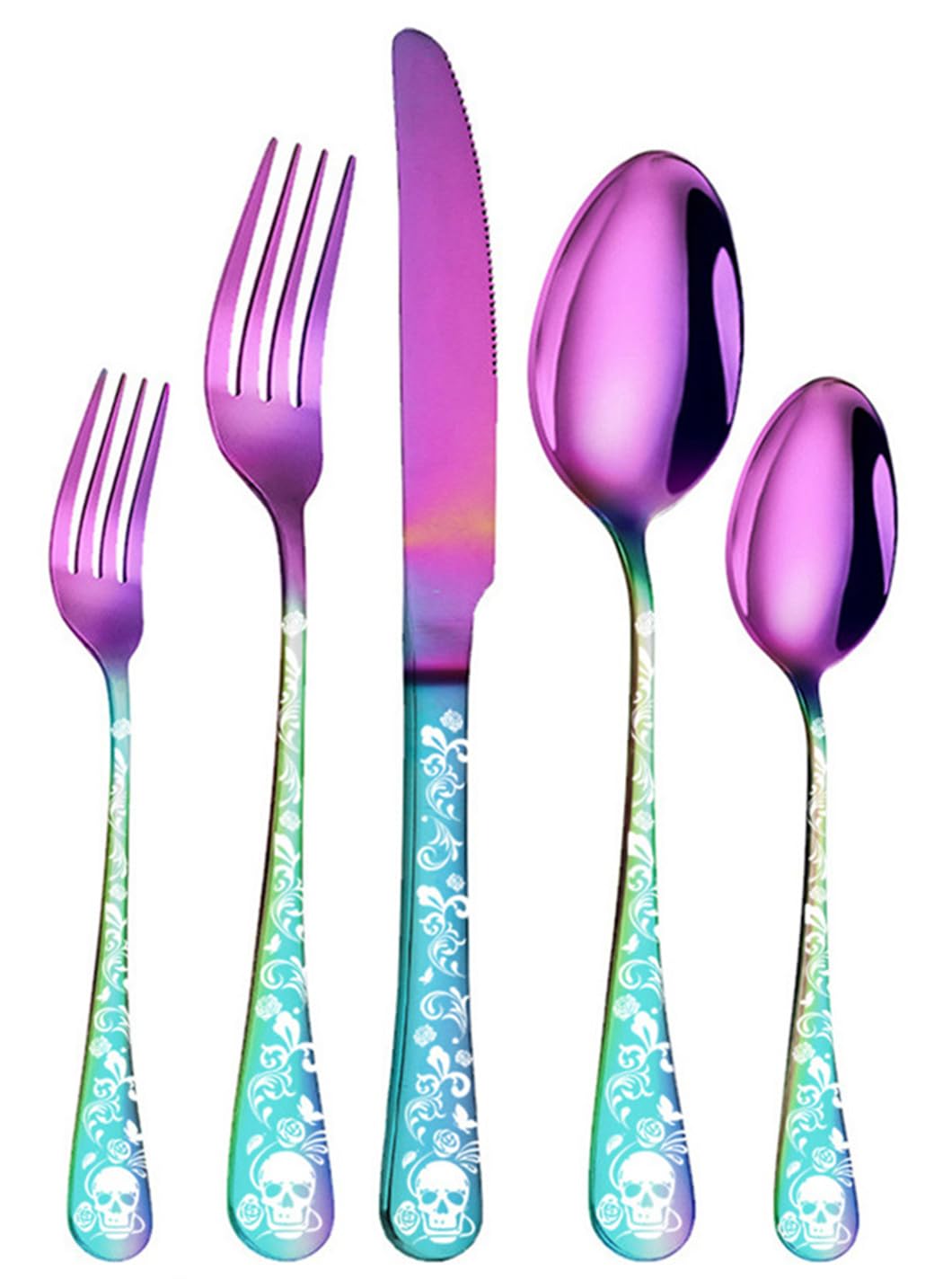 XIAOYU 5 Piece Skull Pattern Silverware Set, Stainless Steel Flatware Set, Gothic Unique Skeleton and Flower Pattern Design, Perfect for Halloween Easter and Christmas, Rainbow