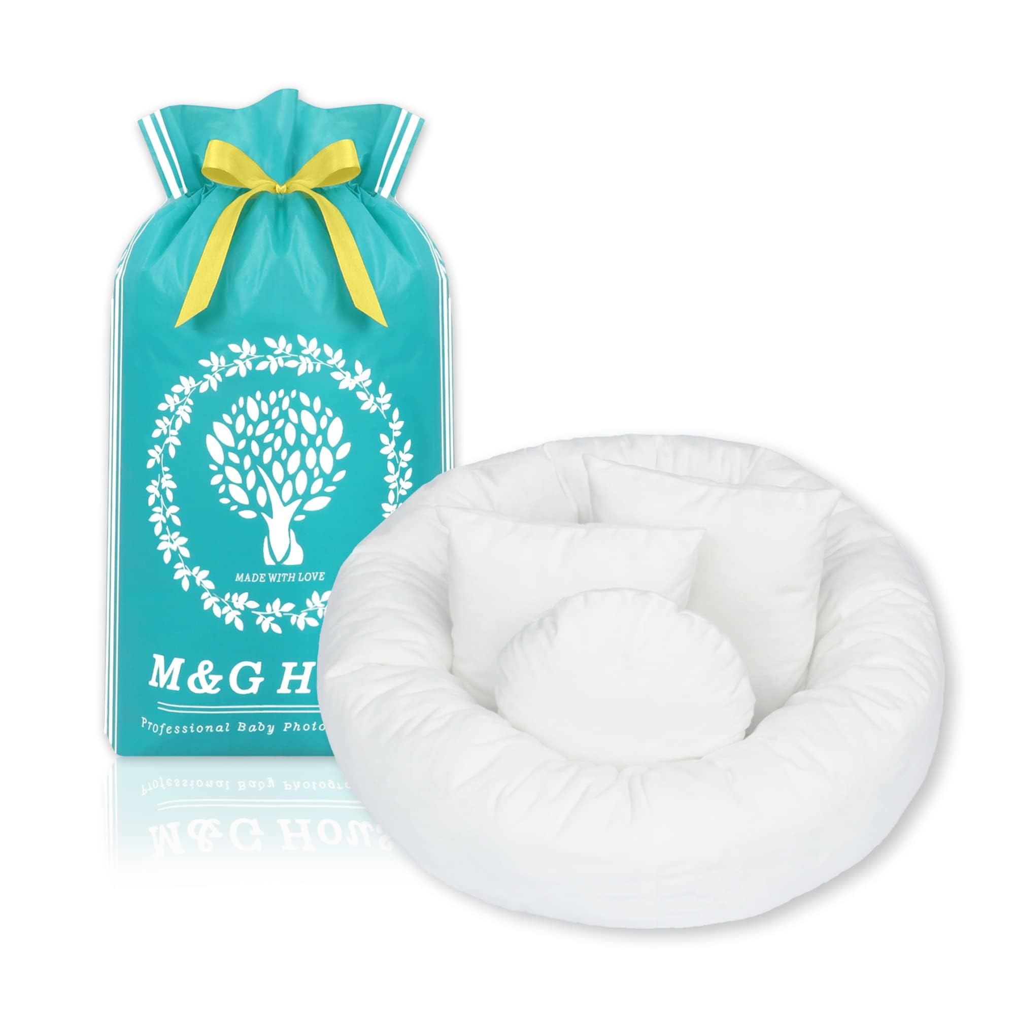 Photo 1 of 4PC Newborn Photo Props - 1 Soft Cotton-Linen Blend Donut + 3 Posing Pillows, Infant Photography Posing Set for 0-3 Months Babies (3-6kg), Safe & Skin-Friendly Baby Photo Shoot Accessories