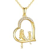 KECHO 14k Gold Cat Pendant Necklace With Love Heart - Fine Gold Pet Jewelry for Christmas Gifts - Women, Mother, Sister, Friends, Cat Lovers