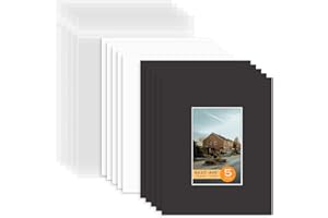 Mat Board Center, Pack of 5 Bevel Cut 8x10 Black Mat for 4x6 Photo with White Core Matte Set, Includes 5 Acid Free Mats, 5 Ba