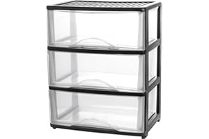 BYCY 3 Drawer Black Plastic Storage Organizer Rolling Cart with Wheels Casters,Assemble Organizer Cart Storage Bin Paper Organizer for Office Art Craft Supplies Dresser Classroom and Home,Wide