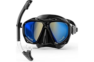 MELUMILU Snorkeling Gear for Adults, Dry Snorkel Mask Set Blue Electroplated 180° Panoramic Wide View Anti-Fog Scuba Diving Mask Goggles, Professional Snorkel Gear for Adults Swimming, Diving