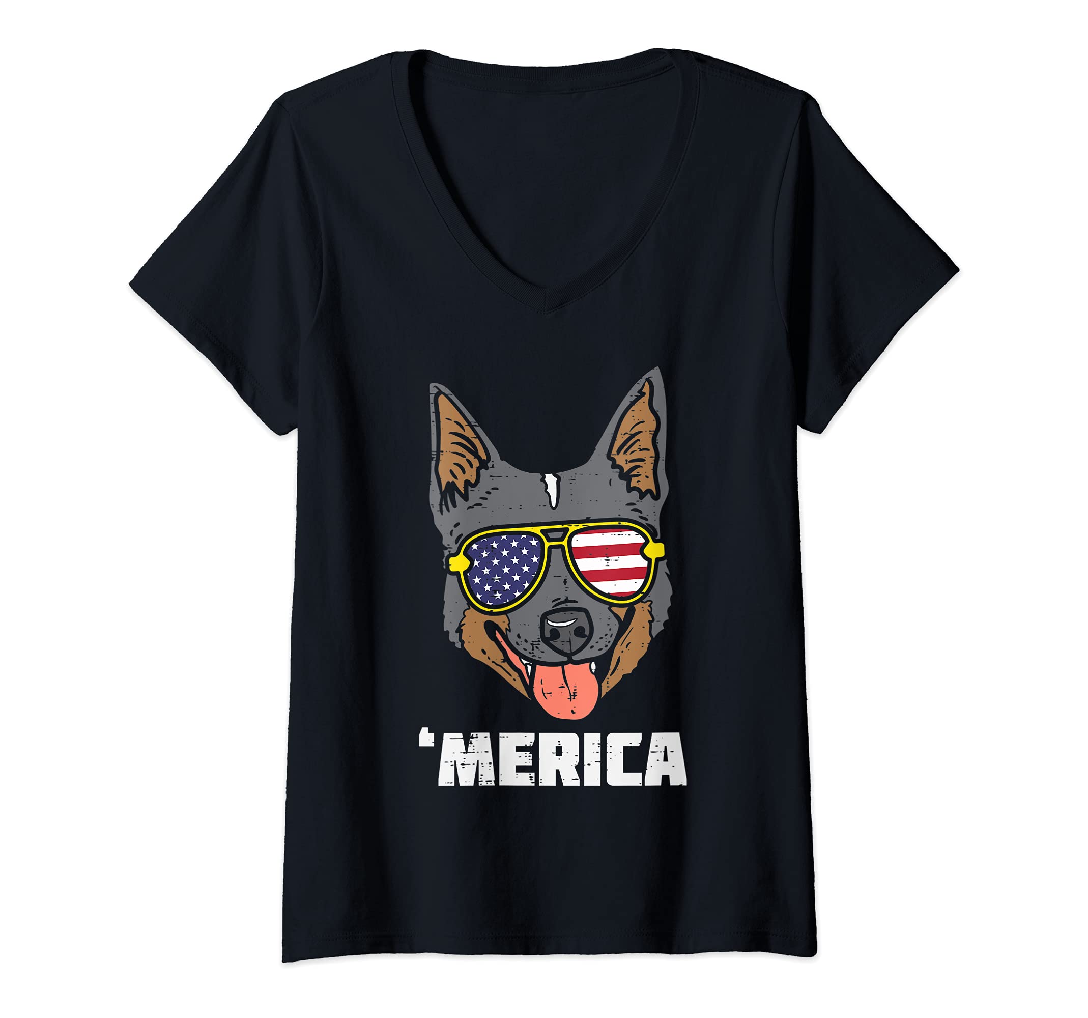 Womens Australian Cattle Dog Heeler Merica 4th Of July Fourth Dog V-Neck T-Shirt