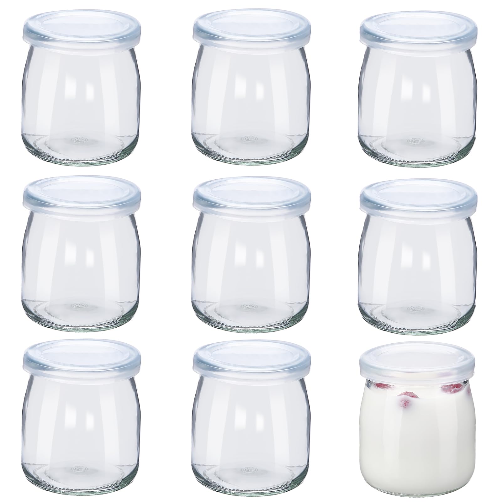 Meng Jiaran 9Pcs 7oz/200ml Yogurt Pudding Glass Jars with Plastic Lids, Small Glass Jars with Lids, Reusable Mini Clear Glass Bottles for Overnight Oats, Spice, Jam, Juice