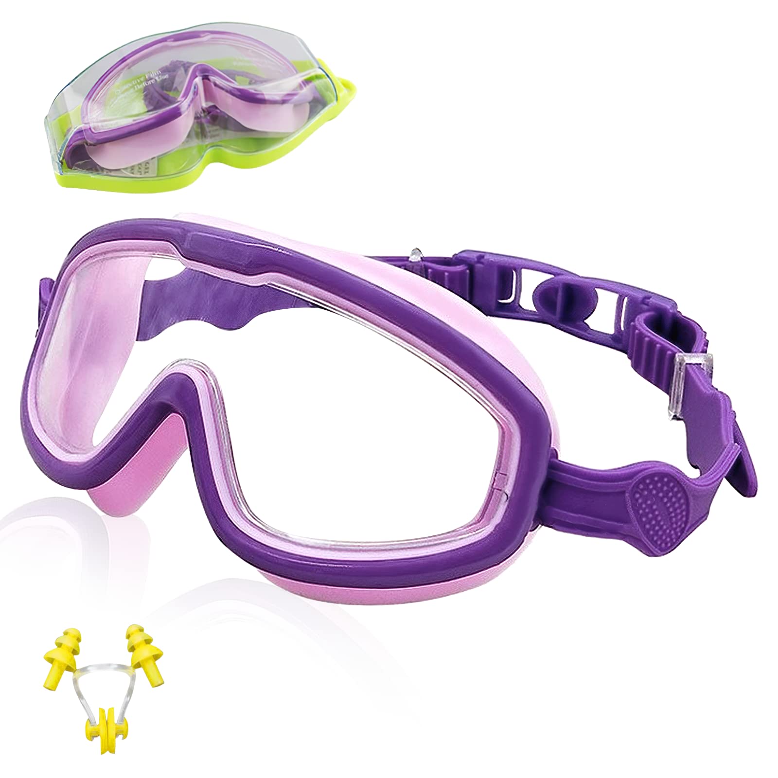 ProChosen Kids Swimming Goggles, Swimming Goggles for Kids Children Teens Age 3-15 Waterproof Anti-Fog UV Protection No Leaking, Boys Girls Swimming Goggles 6-14 with Nose Clip& Earplugs(Purple)