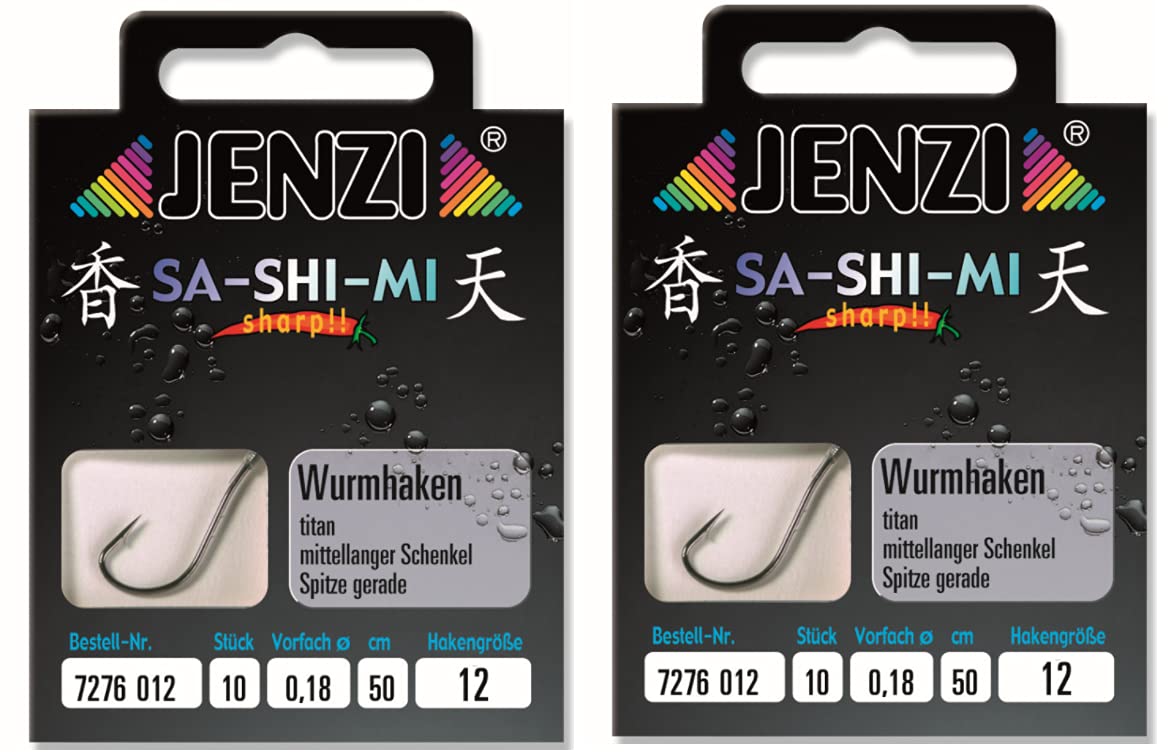 Set # 2 Packs (20 Pieces) Worm Hooks by Jenzi, Ready Tied Hook Size 12, 50 cm + Petri Heil! Sticker