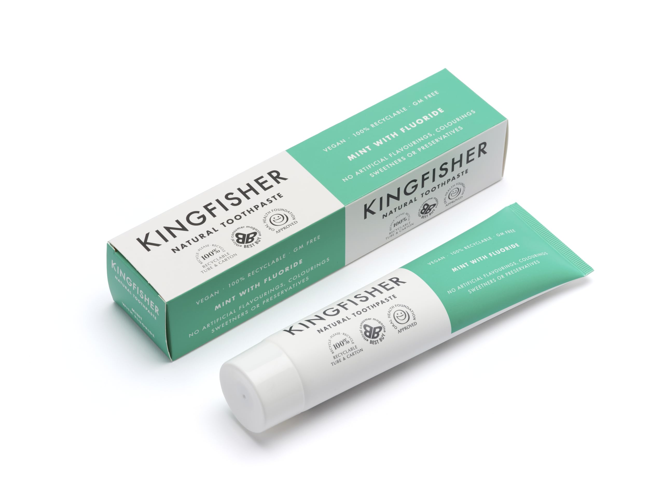Kingfisher Natural Toothpaste Mint with Fluoride | Suitable for Vegetarians & Vegans | Oral Health Foundation Approved | Gluten-Free & GM-Free | Ethical Consumer Best Buy | 1 x 100ml Tube