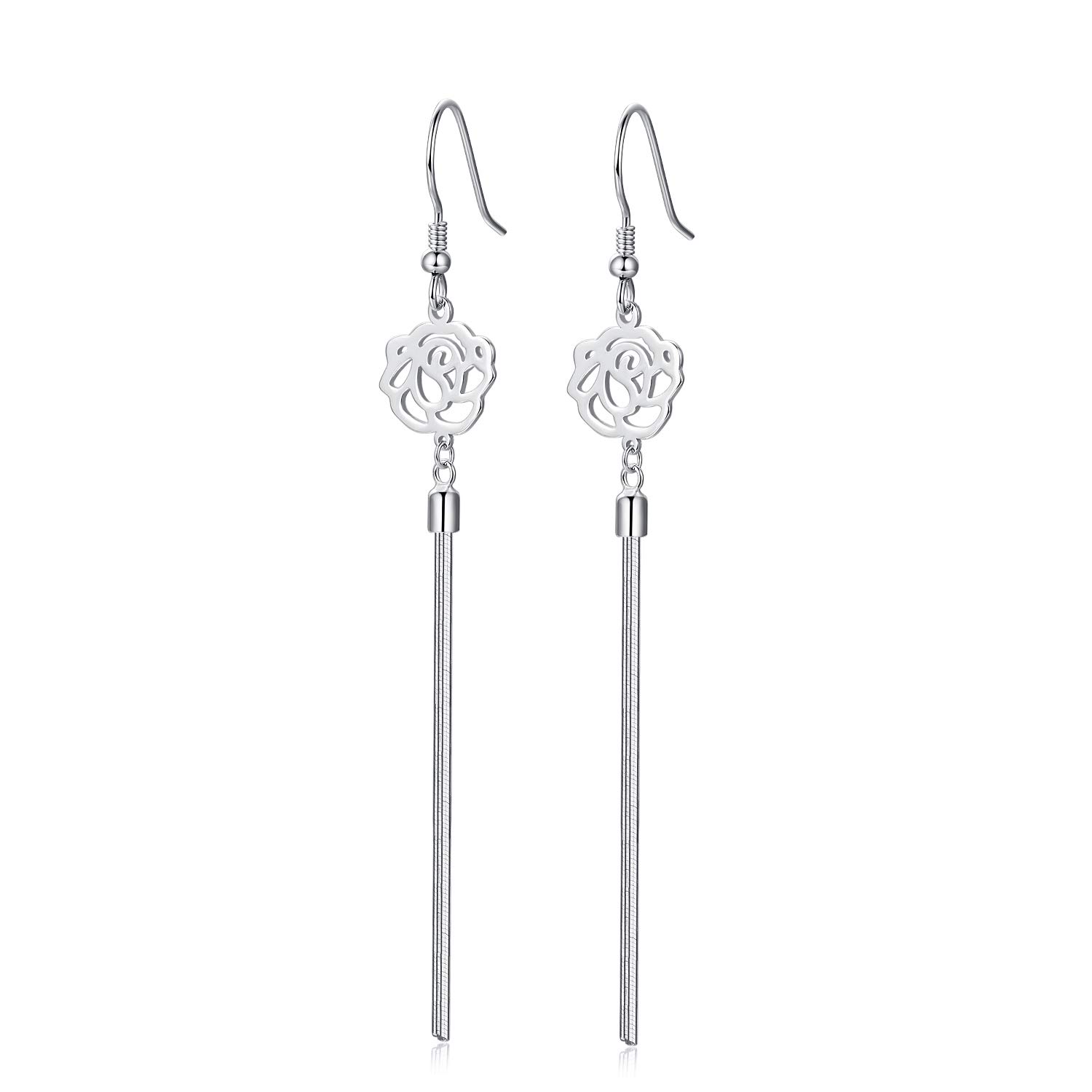 925 Sterling Silver Dangle Earrings Rose Flower Earrings for Women Girls Fish Hook Chain Drop Earrings