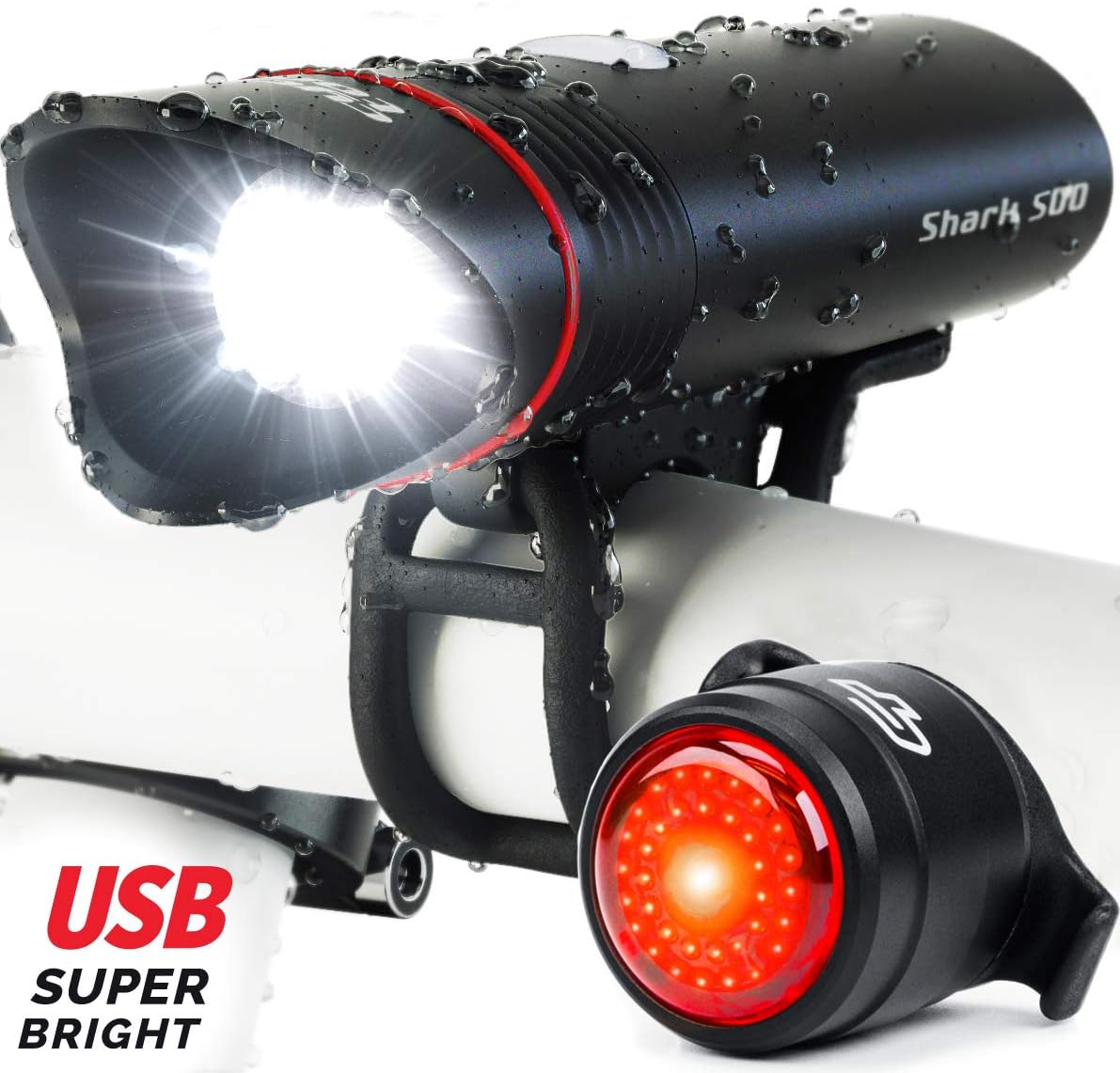 Cycle Torch Shark 500 USB Rechargeable Bike Light – Headlight & Tail Light Set- Fits All Bicycles, Hybrid, Road, MTB, with Quick Release