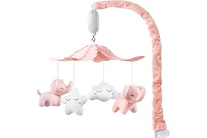 FEISIKE Baby Crib Mobile for Girls Boys with 3 Modes Digital Musical Motor（Rotating Only, Music Only, Rotating & Music, 35 Lullabies, Pink Elephant Nursery Mobile, Knob Type