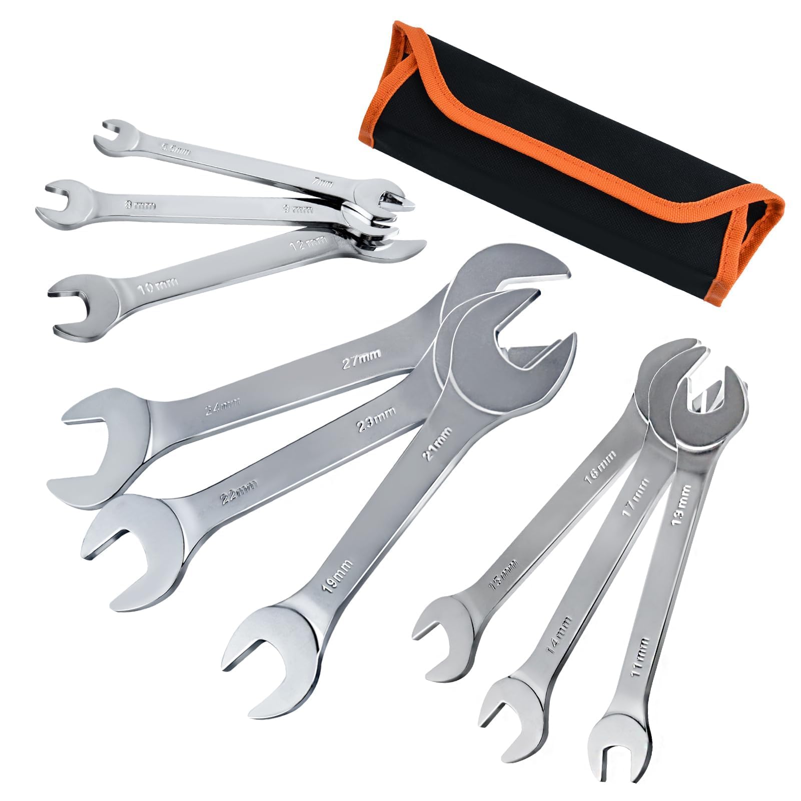 LEONTOOL 9-Piece Super-Thin Open End Wrench Set Metric Including 5.5, 7, 8, 9, 10, 11, 12, 13, 14, 15, 16, 17, 19, 21, 22, 23, 24, 27 mm Slim Spanner Set CR-V Steel Bike Wrench Set with Rolling Pouch