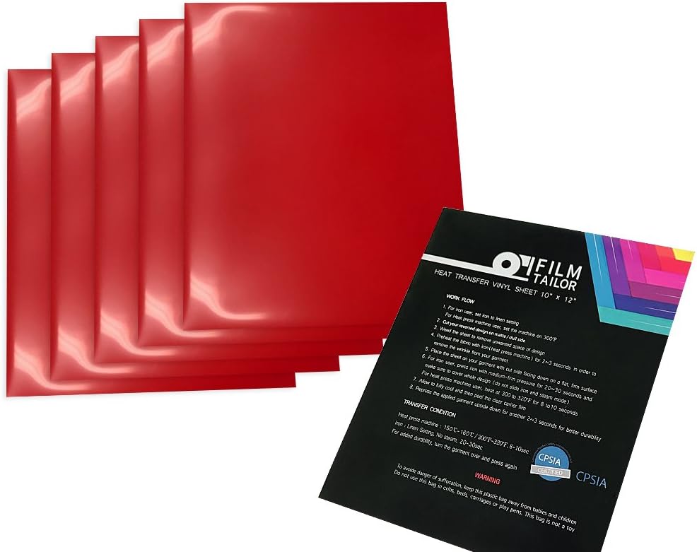 FilmTailor [PU HTV] 10" x 12" Heat Transfer Vinyl Basic 5 Sheets Excellent for T-Shirt, Hats and Any Fabric, Iron on for Silhouette Cameo, Cricut, Heat Press Machines (Red)