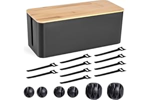 TUWECHEN Cable Management Box - Wooden Style Cord Organizer Box to Hide Wires & Power Strips | Desk Computer Cable Organizer Box | Safe ABS Material | 12.6" (L) x 5.3" (W) 4.9" (H) | for Home & Office - Black