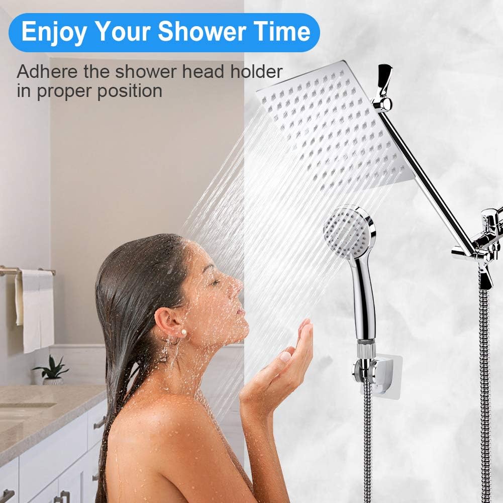 Kaqinu Shower Head, 8'' High Pressure Rainfall Shower Head / Handheld Showerhead Combo with 11” Extension Arm, Anti-leak Shower Head with Holder/ Hose, Flow Regulator, Chrome - - 