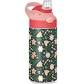 Christmas Gingerbread Snowflakes Kids Insulated Water Bottle, Toddlers Tumbler Travel Cup with Straw & Handle Stainless Steel Cup for Travel School Girls 12 oz