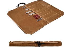 Kioiner Chefs Knife Roll Bag, Heavy Duty 12OZ Waxed Canvas Knife Bag, Portable 7 Slots Chef Knife Case, Khaki Waterproof Knif