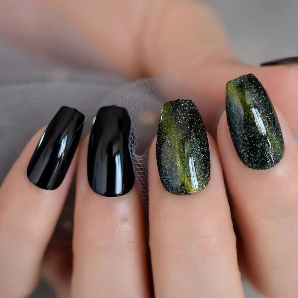 Tjjf Black Uv Gel Ballerina Fake Nails Medium Galaxy Green Glitter Cat Eyes Designed Acrylic Nail Art Tips With 24 Amazon Co Uk Beauty
