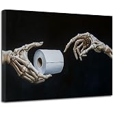 YMXDYMJSW Funny Skeleton Bathroom Canvas Wall Art Gothic Skull Hand and Toilet Paper Picture Print Gothic Painting Dark Academia Restroom Poster for Bathroom Decor (Black, (12L x 18W))