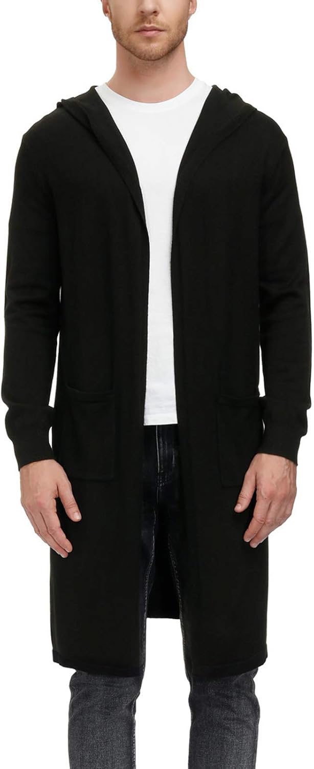 PJ PAUL JONES Mens Knee Length Long Cardigan Open Front Draped Hooded