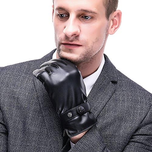 Men's Winter Black Gloves Leather Touchscreen Dress Driving Outdoor Cycling Warm Fleece Lining Gloves