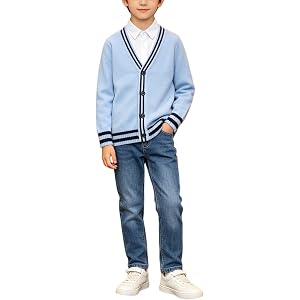 Boys Knit Cardigan V Neck Color Block Striped Trim Front Button Down with Pockets School Uniform Sweater Coat T7-17