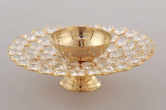 Collectible India Small Crystal Akhand Diya Brass Oil Puja Lamp for Home Office Gifts Pooja Articles Decor (Golden, 3.5 X 1.5 Inch)