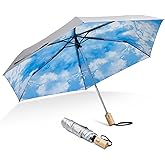 G4Free UPF 50+ UV Protection Travel Umbrella with Wooden Handle, 42 Inch Lightweight Sun Rain Folding Umbrellas Auto Open Close (Sky)