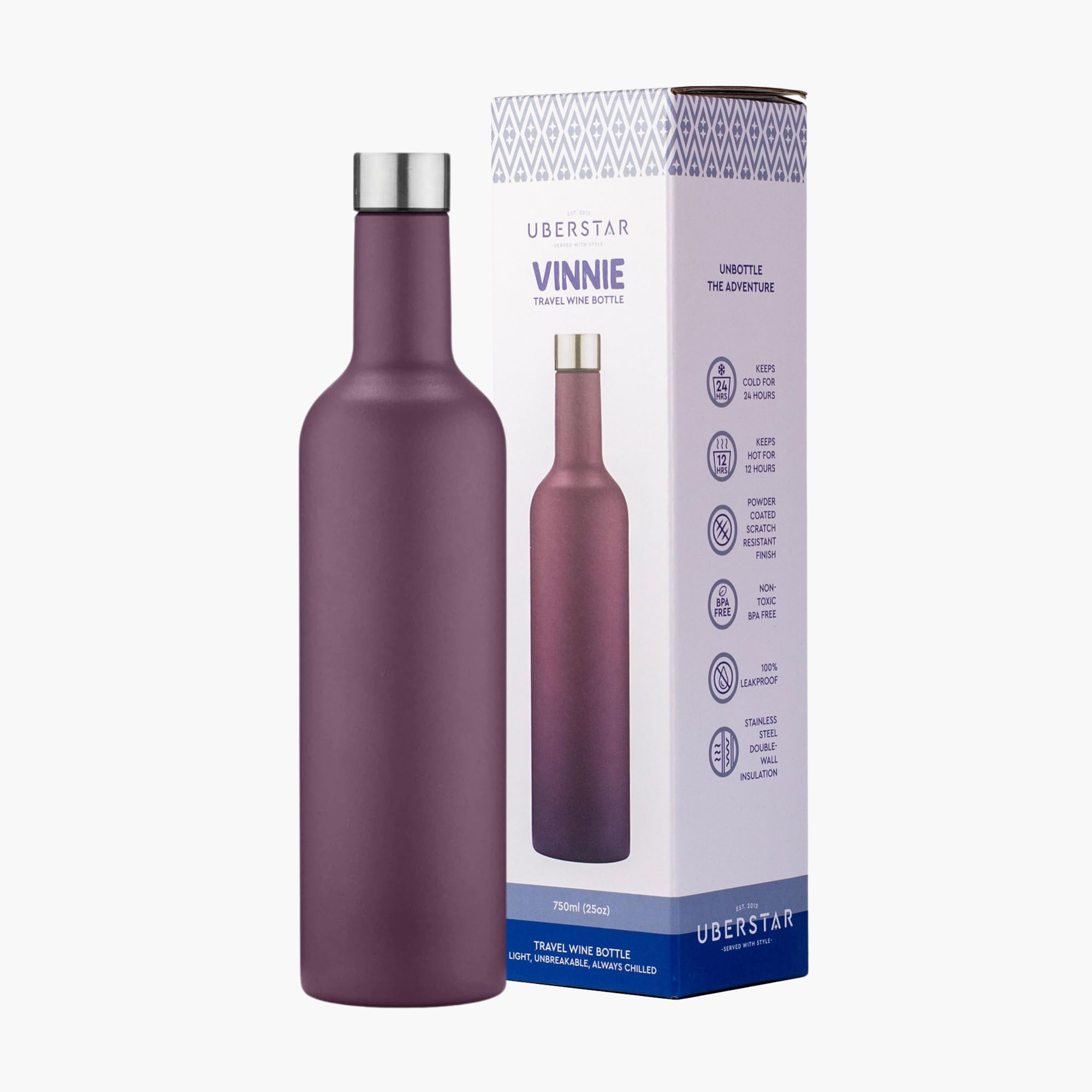 EST 2012 UBERSTAR BARWARE & GIFTS VINNIE Stainless Steel Insulated Travel Wine Bottle 750ml / Hot or Cold Drinks/Reusable Flask Screw Top/Water Wine Juice (Mauve)