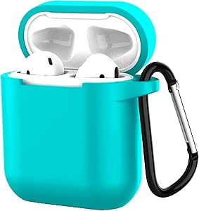 Compatible with Airpods 1/2 USB Wire Charging Silicone Case Protective Silicone Cover and Shockproof Skin Cover with Anti-Lost Carabiner Keychain - Blue