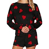 QTLUOYE Womens Valentine's Day Pajama Sets Long Sleeve Hearts Print Tops Drawstring Shorts Sleepwear 2 Piece Outfits