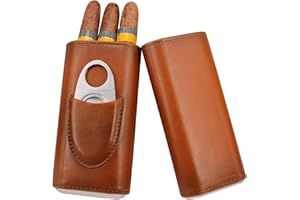 WYTUDTE Leather Cigar Cases - 3 Finger Humidor Cigar Travel Case - Cigar Holders for Men Accessories with Cedar Wood Lining & Stainless Steel Cutter (Brown)