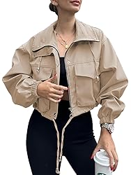 Tankaneo Womens Cropped Jacket Zip Up Lightweight